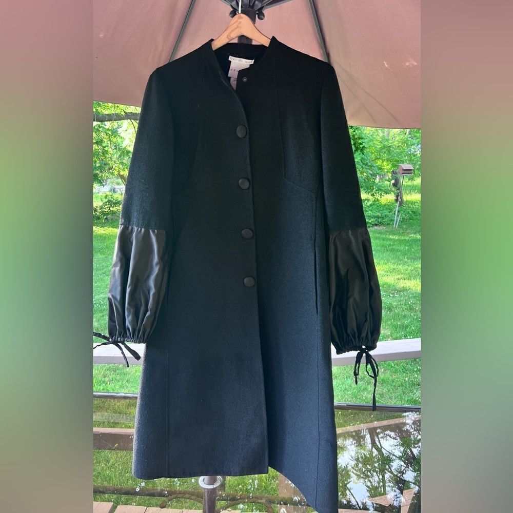 Celine Black Wool Coat with Puff Leather Sleeves